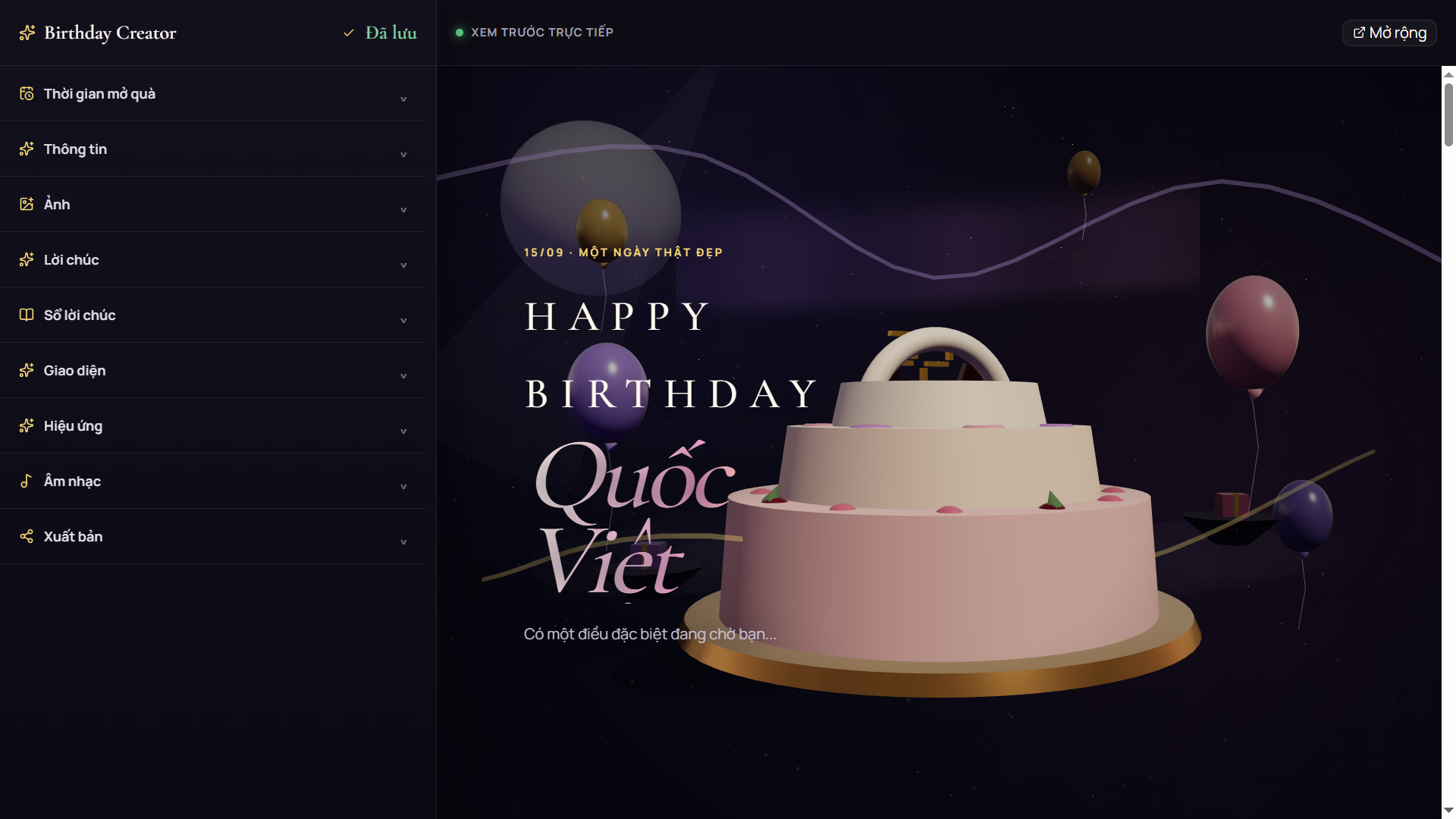 A Birthday in the Stars – Website sinh nhật 3D